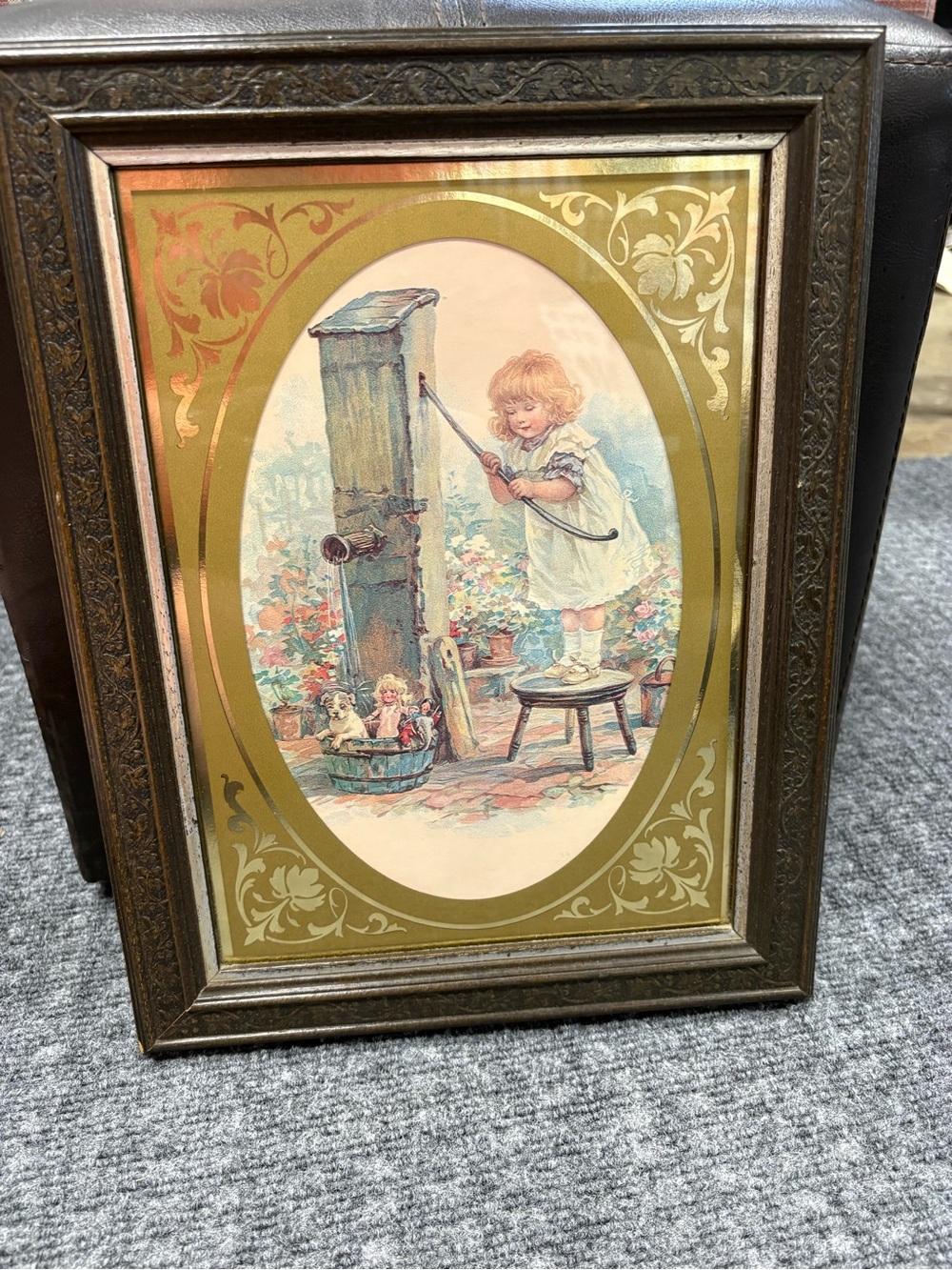 Vintage-Inspired Girl at Well Wall Art Print in Gold and Cream